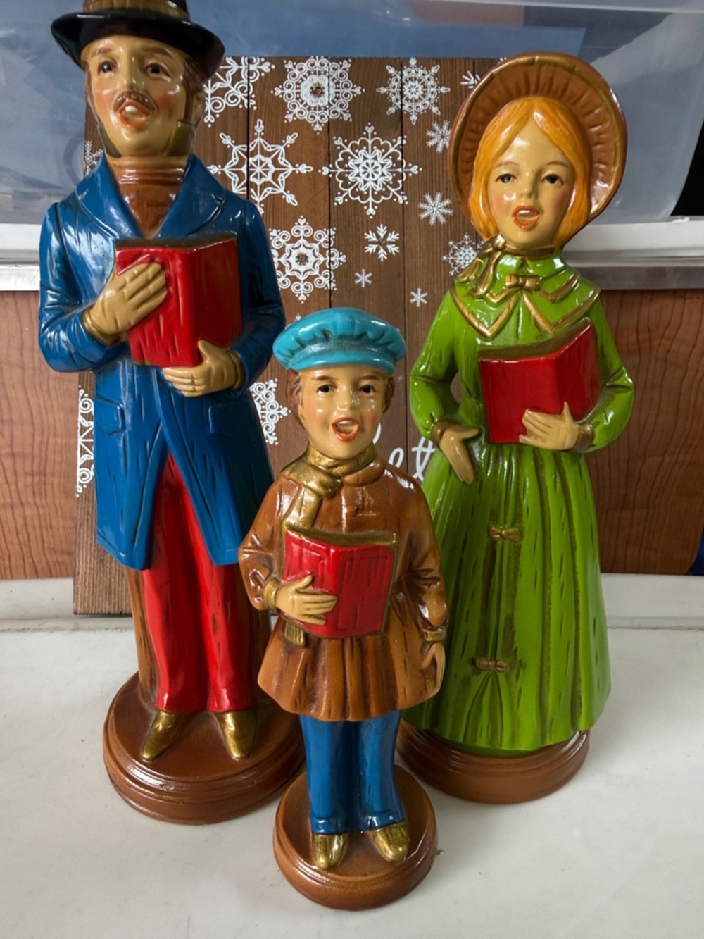 Festive Carolers Figurine Trio - Blue, Green, Red - vintage